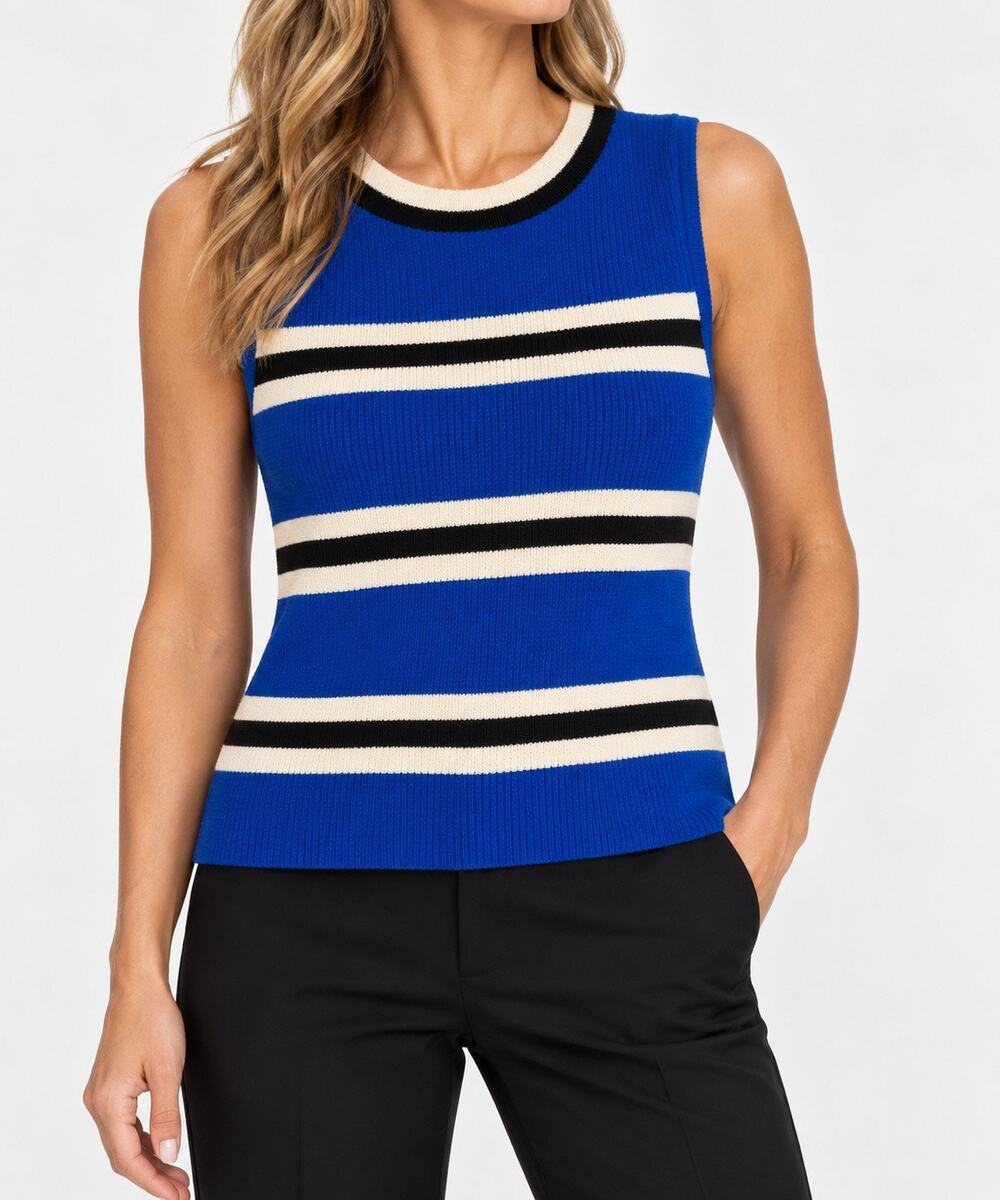 St. John Sport by Marie Gray Petite Blue Black Cream Striped Wool Knit Tank Top